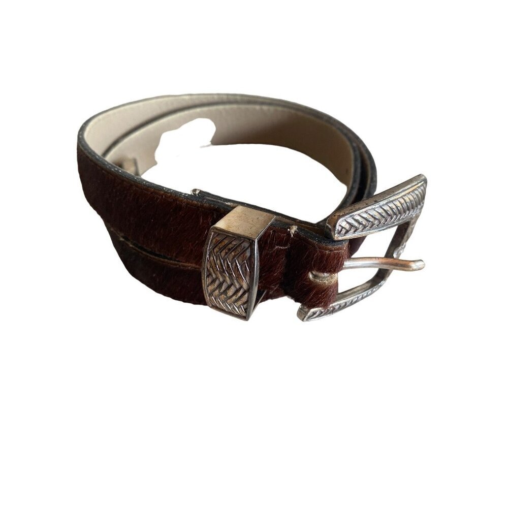 Brown Calf Hair‎ Western Silvertone Belt Buckle Size Medium